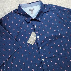Van Heusen Never Tuck Shirt Mens 3XLT Navy Blue Flamingo Short Sleeve Button Up